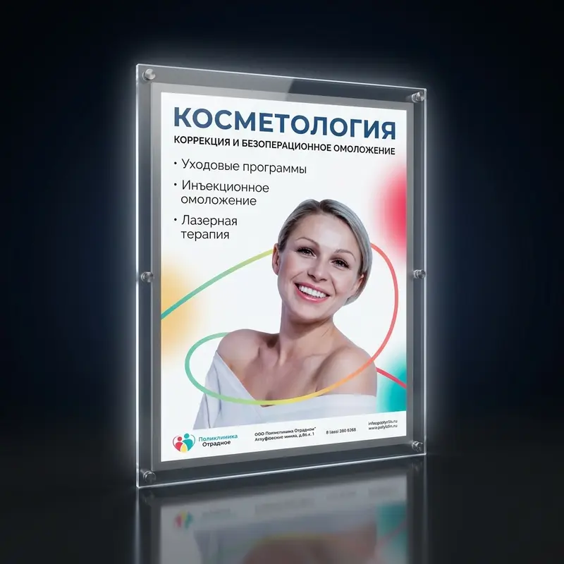 Кристалайт с рекламой косметологии для поликлиники Отрадное